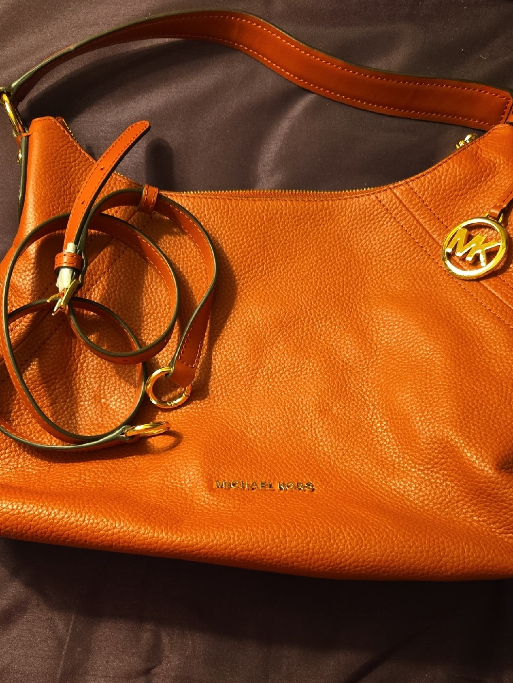 Michael Kors Orange Pebbled Leather Shoulder Bag with Gold Logo Charm